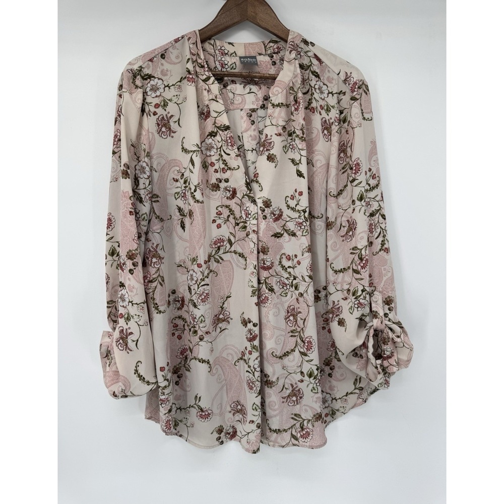 Soho‎ New York & Company Jeans Floral Pink Paisley Blouse 3/4th Sleeve 2x Fairy
